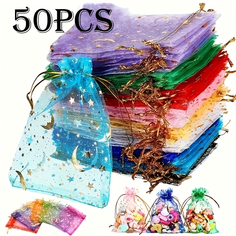 gift for her him 50pcs moon star   mesh candy bags multicolor drawstring storage bags transparent packaging bags random mixed colors suitable for wedding party valentines day christmas halloween thanksgiving gift bags