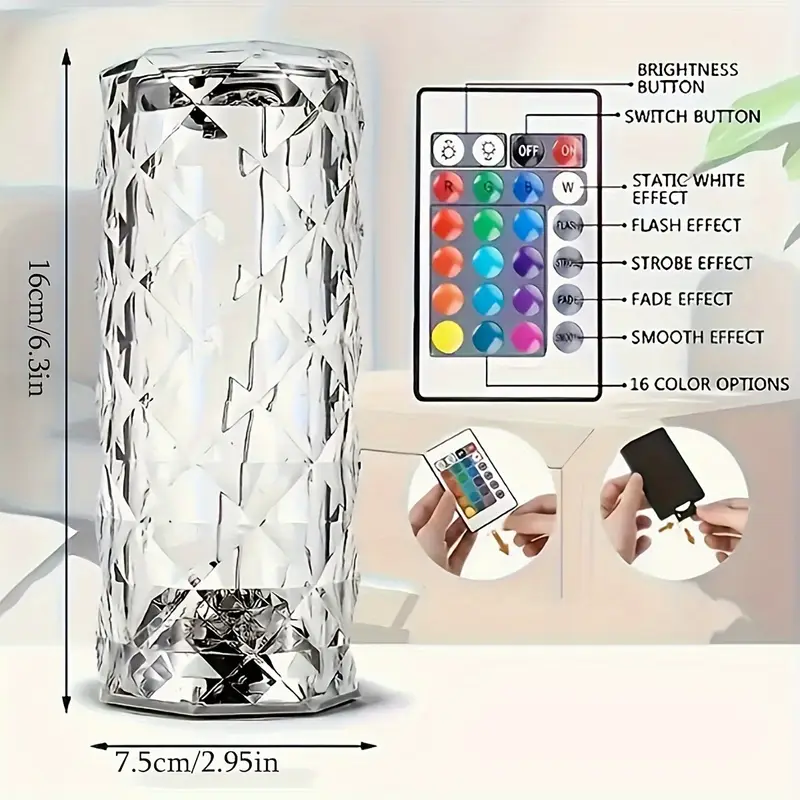 1pc usb rechargeable rose crystal table lamp 500mah lithium battery 3 color and 16 color remote control touch control with usb charging   atmosphere lamp bedroom atmosphere lamp room night light festival birthday gift essential good gift for   of   season Product details 3