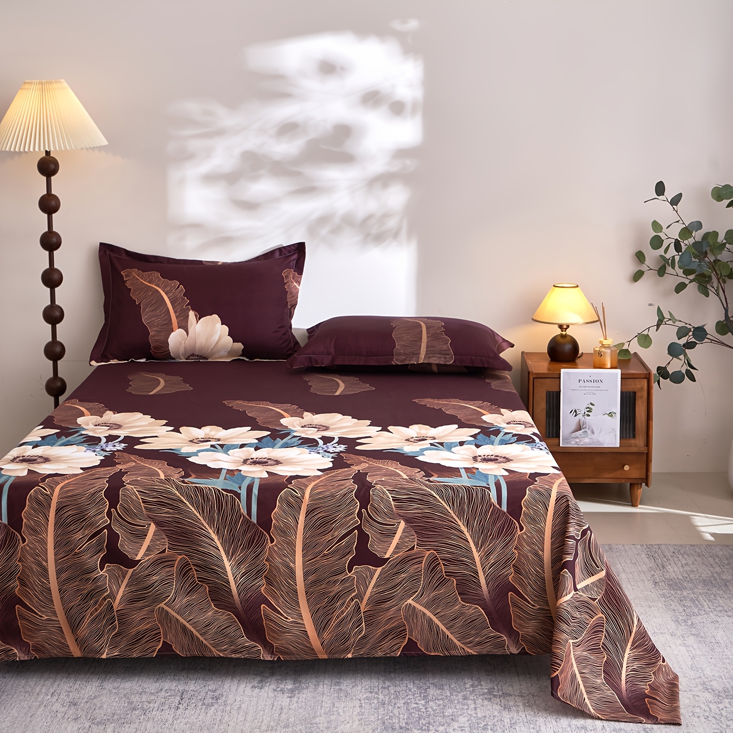 TEMU 1 Drap de lit, Grand drap de lit à imprimé floral, Taies d'oreiller non incluses