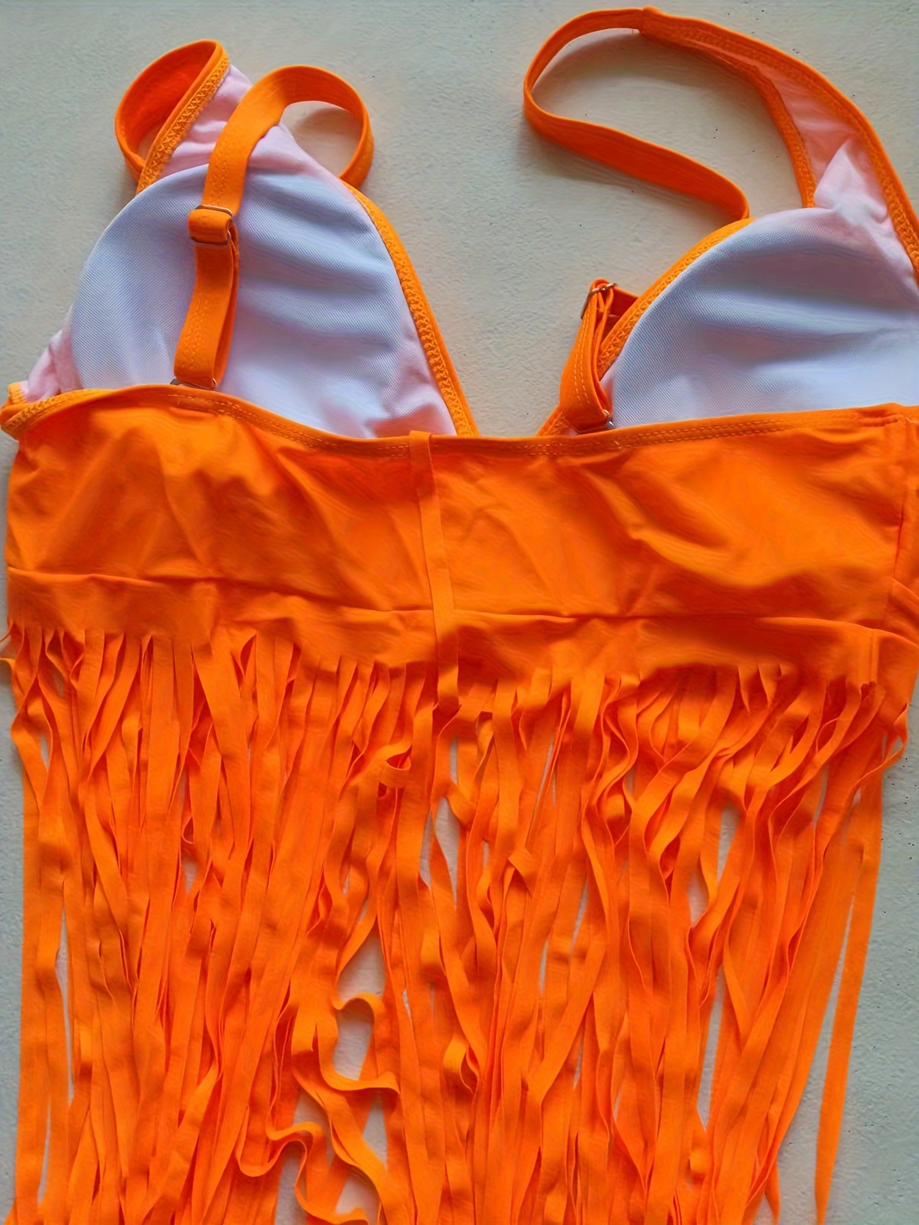 Solid Colorv Neck Tassel Swimsuit Ruched Stretchy Tangerine - Temu