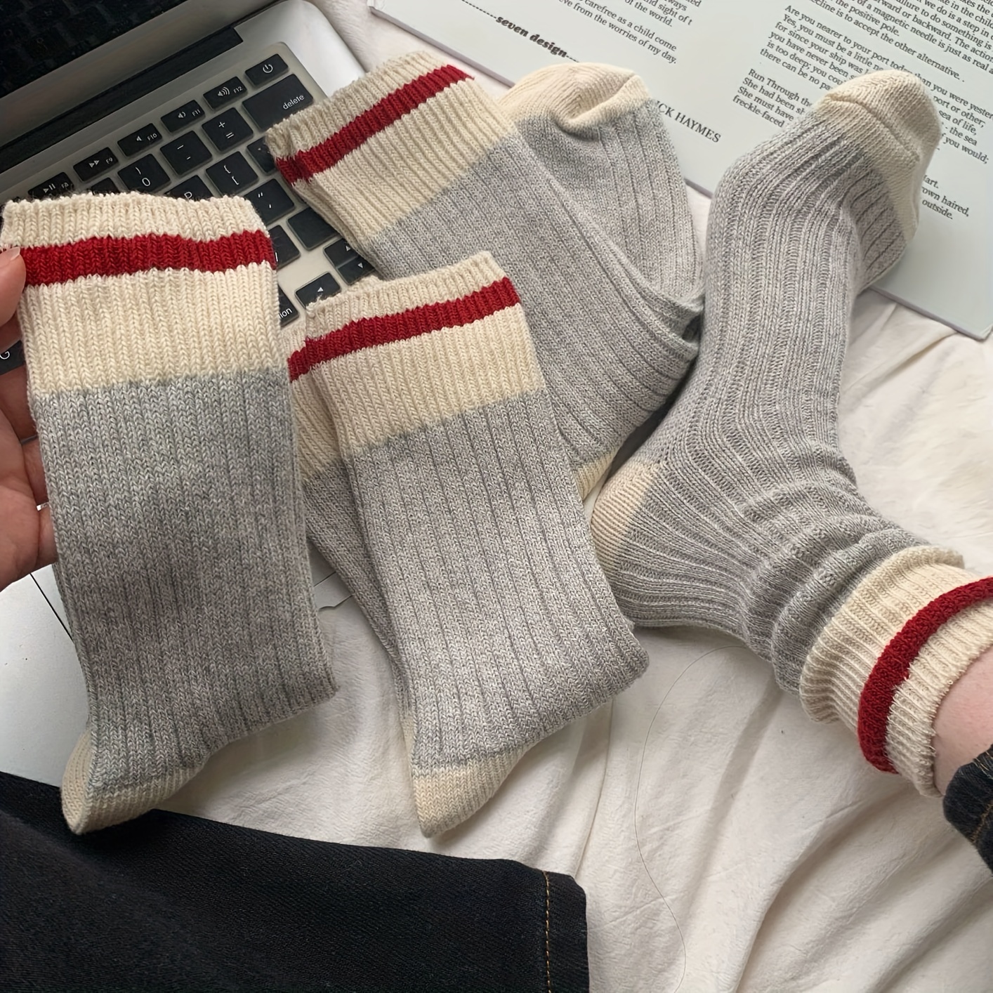 

3pcs Vintage-inspired Striped Crew Socks For Women - Cozy Polyester , Fall & Winter