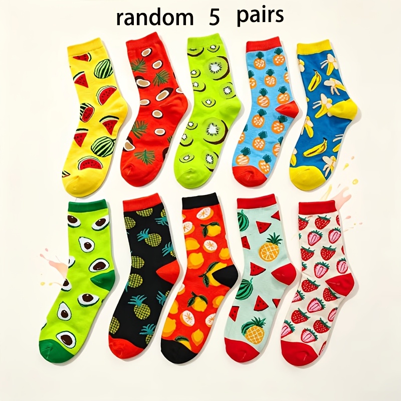 TEMU Juego aleatorio de 5 de calcetines unisex pantorrilla con de frutas coloridas, un estilo versátil, divertido y de moda para todas . Cómodos para