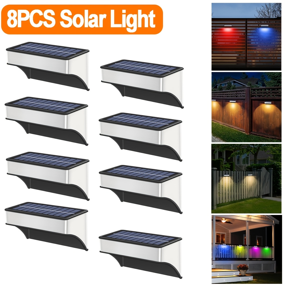 TEMU 8 luces solares para valla exterior | Luces solares RGB de acero inoxidable para escalones y luces solares de cubierta de y con batería de