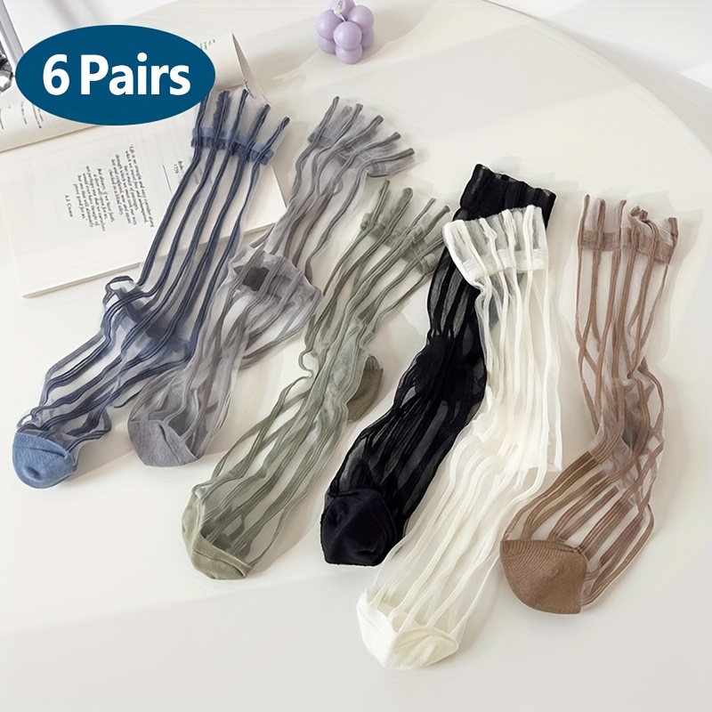 TEMU 6/12 Double Vertical Glass Fiber Summer Ultra-thin Transparent Crystal Socks With Breathable And Sweat Absorbing Middle Tube, Soft And Trendy,