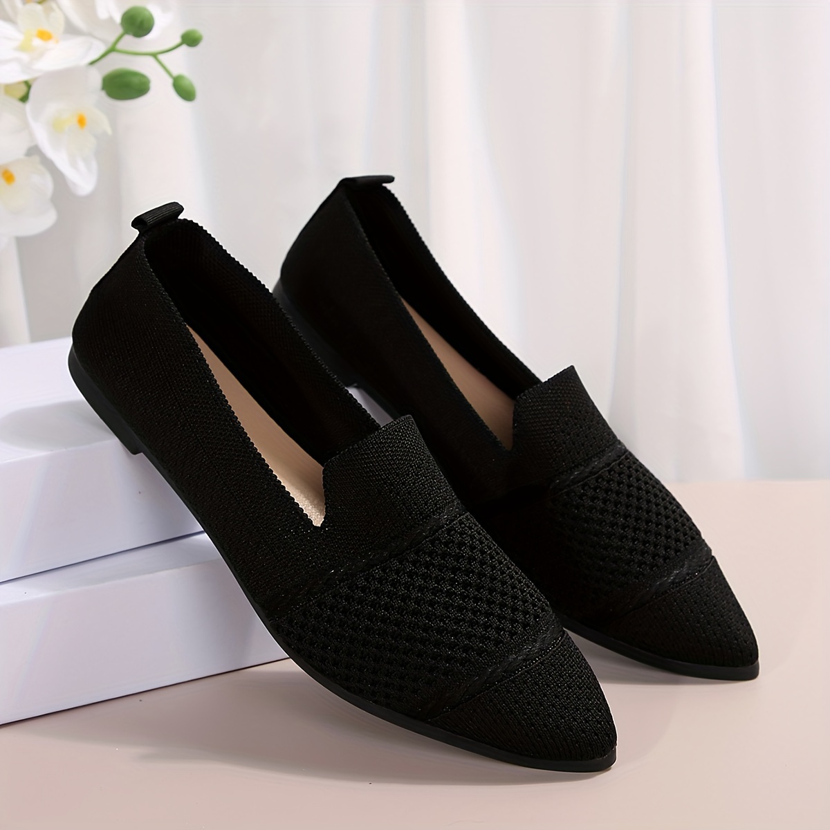 Elegant Ballet Flat Shoes For Women, Slip-On Breathable Soft Sole Daily Knitted Ballets, Point Toe Daily Wear