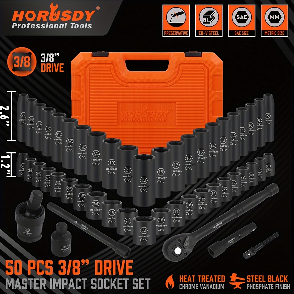 TEMU 3/8" Drive Impact Socket Set, 50pcs Standard Sae (5/16 To 3/4 Inch) And Metric (8-22mm) Size, 6 Point, , 3/8-inch Drive Ratchet Handle, Bar, Impact Universal Joint