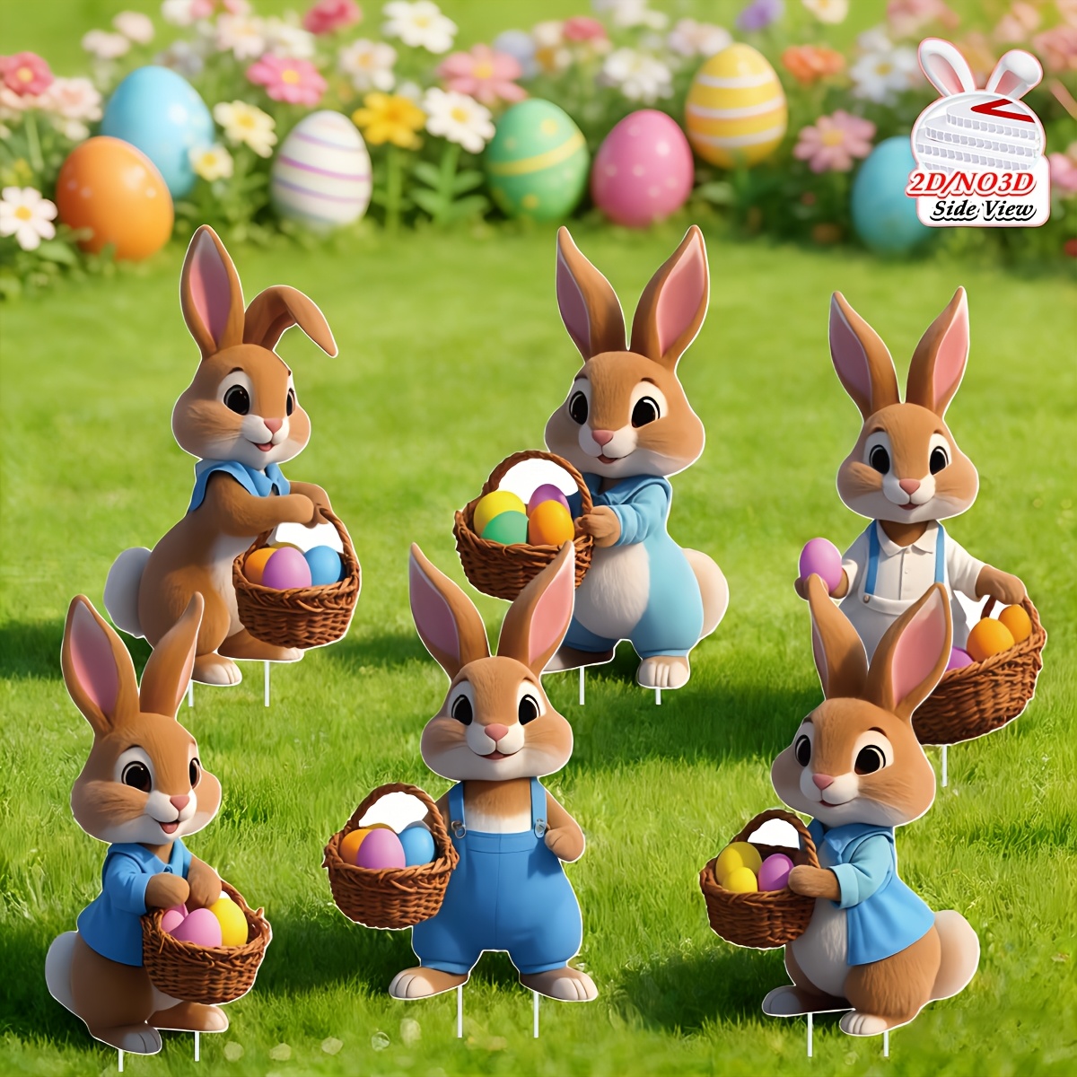 [2d Flat] 2d Flat, Easter Decorations Outdoor, 6pcs Easter Bunny Decor, Easter Yard Stakes With Bunny Egg Carrot, Outdoor Easter Decor For Party Supplies Prop Patio Lawn, 2d Flat