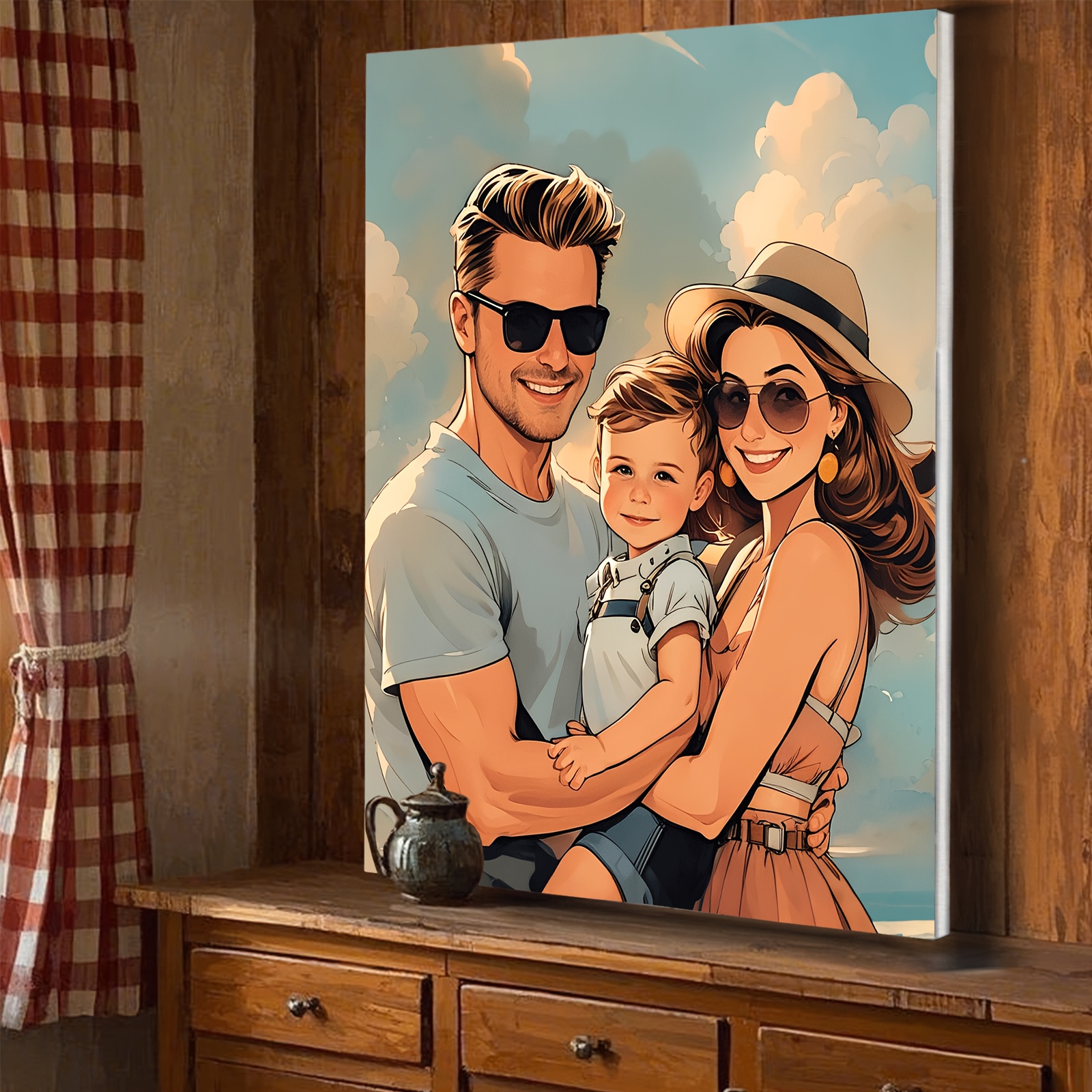 TEMU 1pc Custom Christmas Gift, Family Portrait & Character Portrait Transformation Into Japanese Style Wooden Frame Canvas Painting, Turn Your Photo