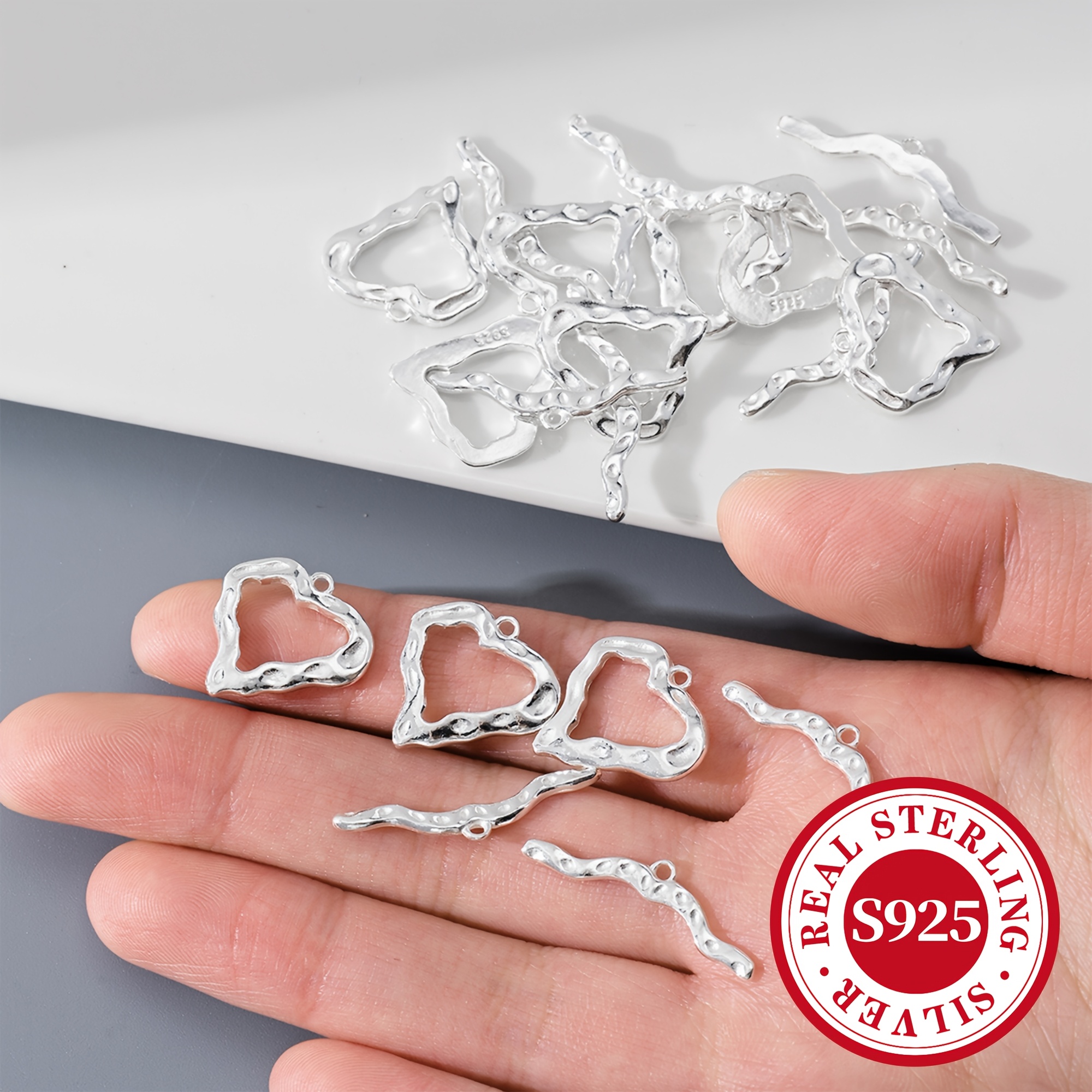 S925 Sterling Silver Textured OT Clasp, Heart-Shaped Design