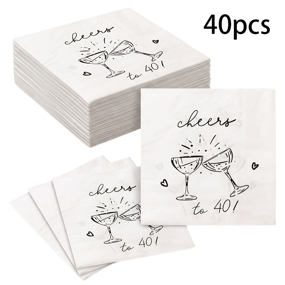 TEMU 20/40pcs, Art Wine Glass & Heart Disposable Paper Napkins,2-ply 6.5in Cheers To 40 White Square Party Tissues, Minimalist Monochrome For 40th