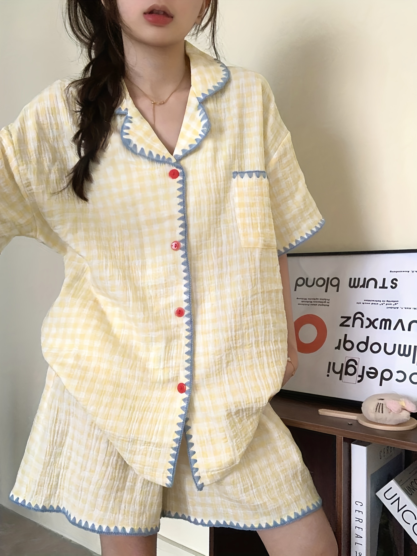 귀여운 여름용 노란색 체크무늬 반팔 셔츠와 반바지 파자마 세트, 여성용 2피스 루즈핏 얇은 파자마와 라운지웨어, 4가지 사이즈 제공