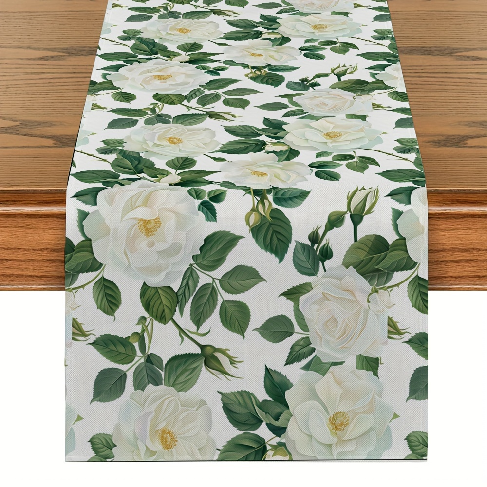 

Elegant White Rose Floral Table Runner - 100% Polyester Woven Rectangle Table Decor For Kitchen, Dining Room, And Parties - Home Room Decoration Table Flag, Fits Standard Tables