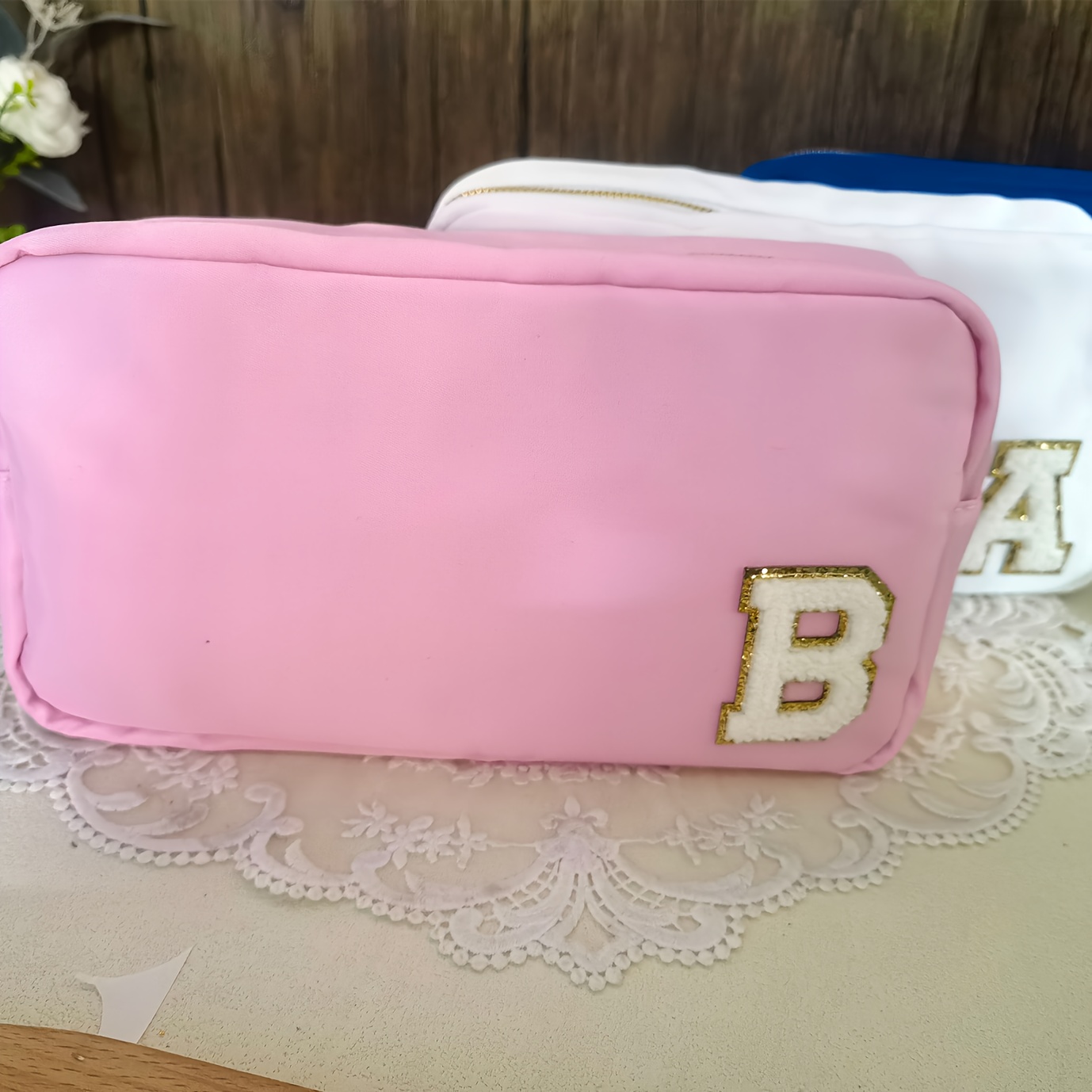 TEMU Customized Chenille Patch Cosmetic Storage Bag, Lightweight Travel Toiletry Bag, Nylon Bag For Summer Outdoor