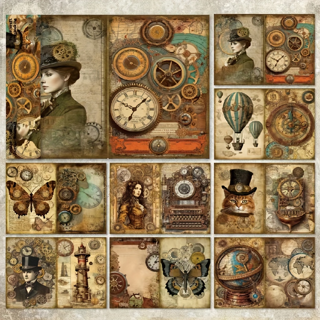 

Vintage Steampunk Clock Pattern Paper Set For Scrapbooking, Diy Albums And Card Making, 8 Unique Designs, 8 Sheets, A5 Size, Recyclable Material Features