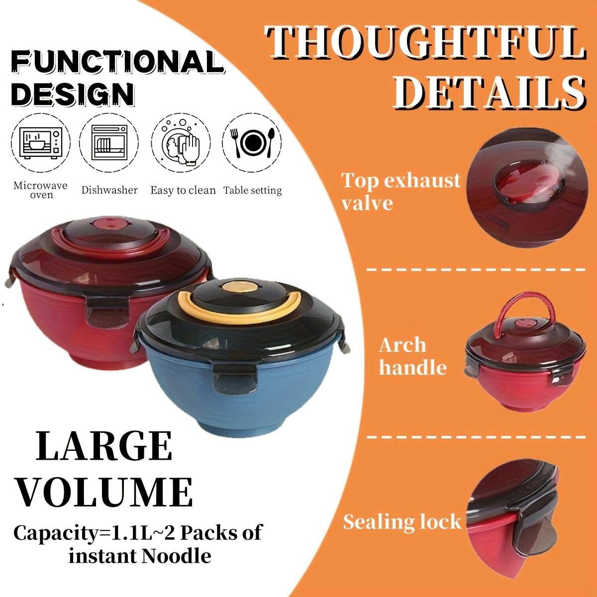 

Leak-proof Microwave Ramen Bowl With Seat Belt Design, Portable Bento Box With Arched Handle & Vent Valve - Dishwasher & Oven Safe, Food Container