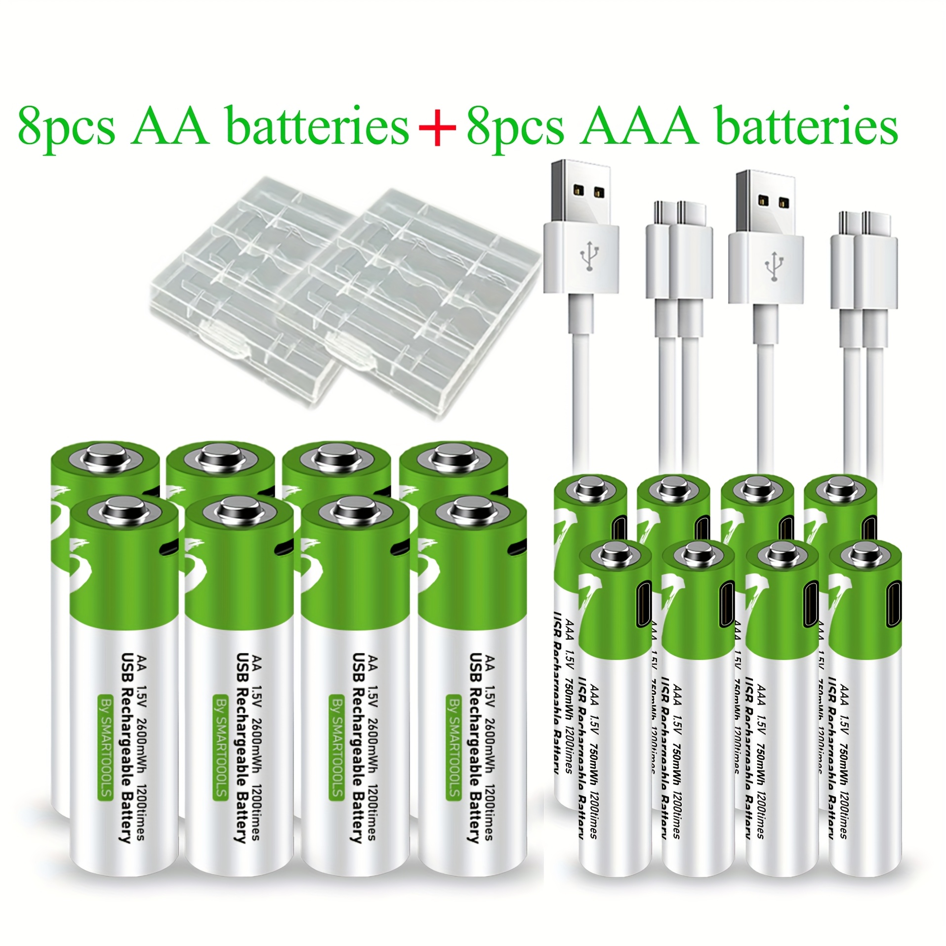 TEMU 8pièces AA + 8pièces AAA Batterie AA+AAA Batteries Set, USB/Type- AAA Rechargeable Lithium , Haute Capacité 1,5V 1733mAh 2600mWh + 500mAh 750mWh