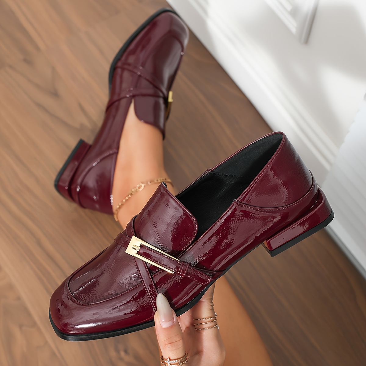 

New Fashionable Wine Red Loafers With A Single Strap For Women