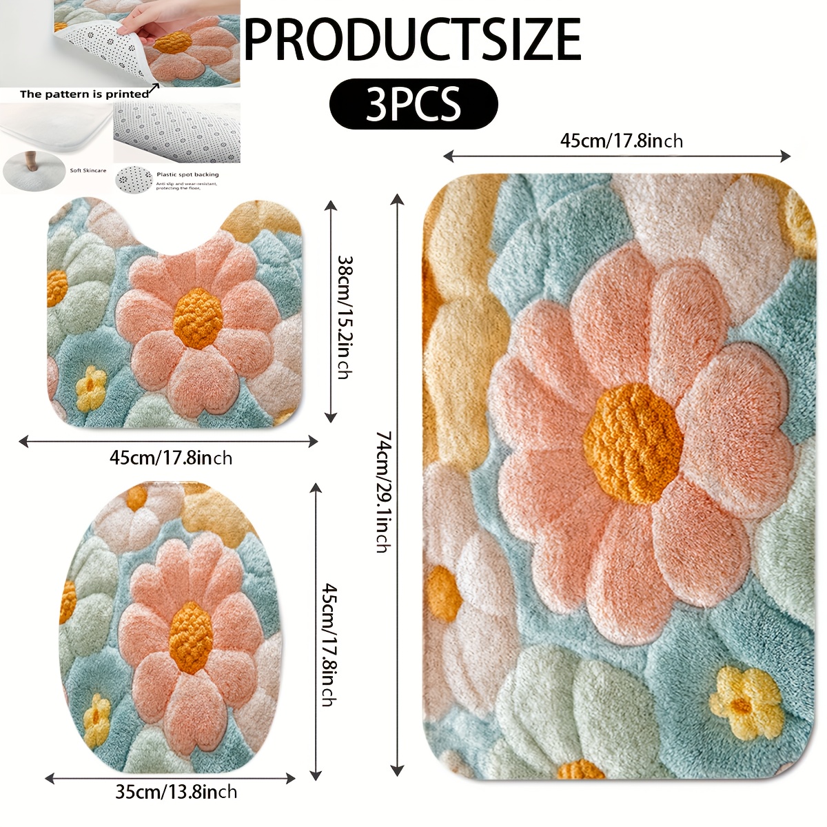TEMU Ensemble de 2 tapis de salle de bain à motif floral, 3 pièces, couvercle de toilette, tapis de toilette de U, matériau en flanelle, surface