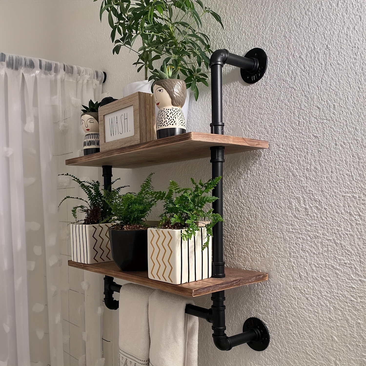 

Industrial Pipe Shelf Bathroom Shelves Wall Mounted, 24 In Rustic Wood Shelf With Towel Bar, 2 Tier Farmhouse Towel Rack Over Toilet, Pipe Shelving Floating Shelves Towel Holder