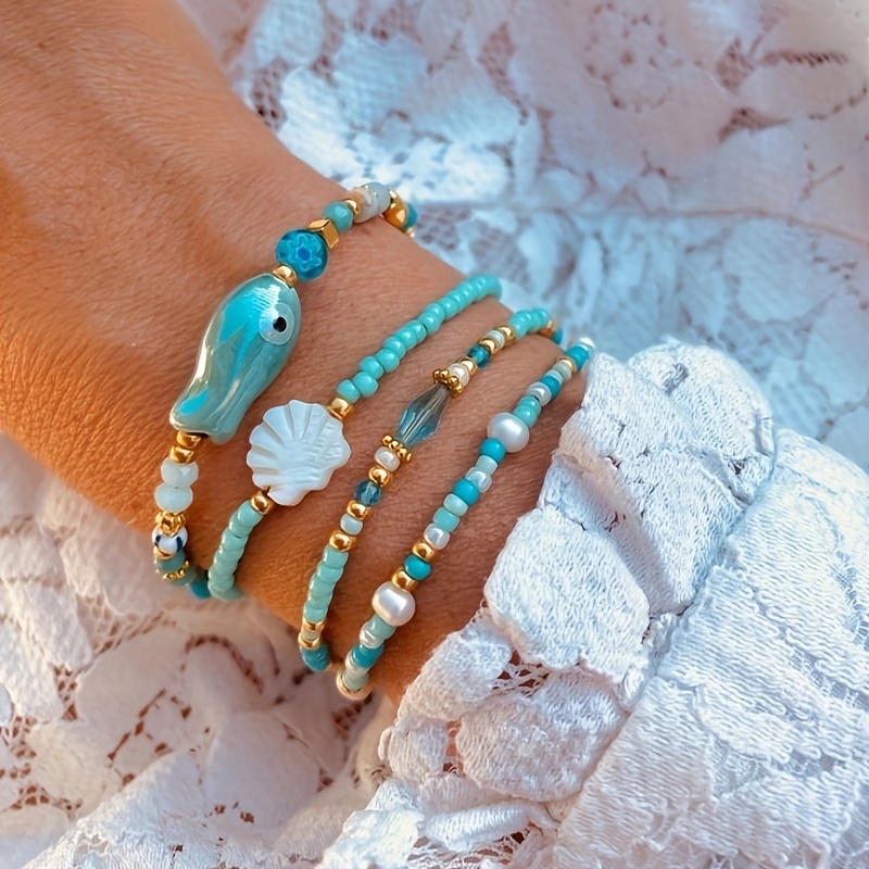 

-chic 4pcs Stretch Bracelet Set With Fish & Shell Charms - Handcrafted Beaded , Beach Vacations & Parties