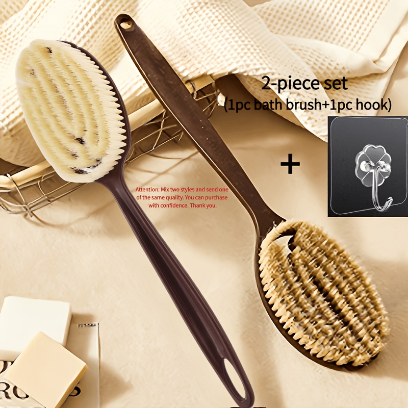 TEMU 2pcs Set(1 Silicone Long Handle Brush+1 Hook), Silicone Shower Long Handle Body Scrub Brush, Shower Or Dry Brush Body Exfoliating Tool, Soft