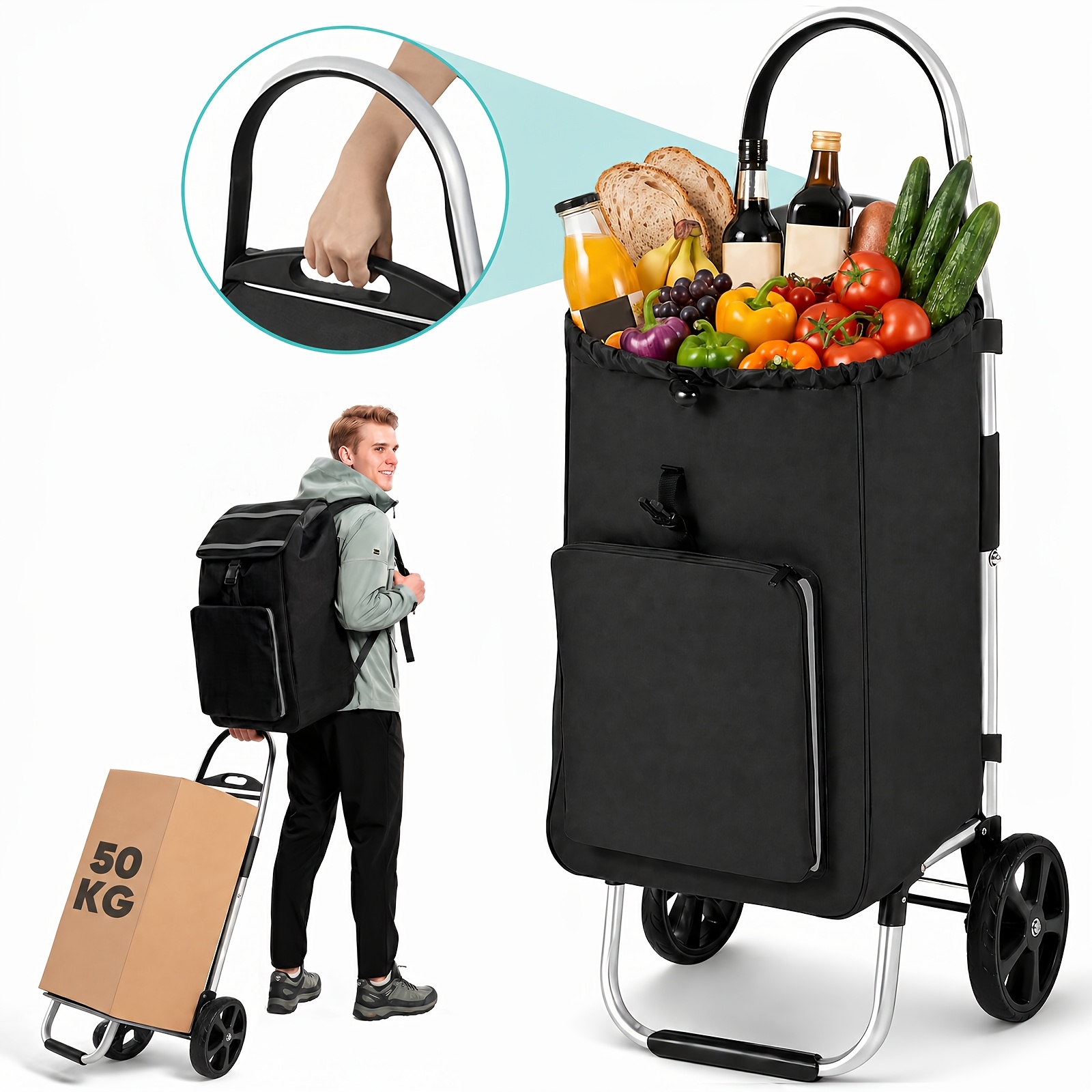 Image of Xl Folding Shopping Trolley With Reflector, 4-in-1 Shopping Cart (shopping Trolley, Hand Truck, Backpack And Hand Carry), Lightweight Frame, Stable And Durable, Suitable For Seniors, Space- Foldable