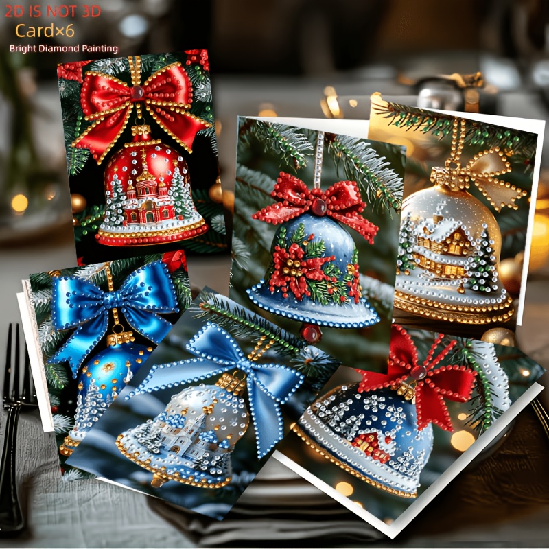 TEMU 6pcs 2d Diamond Painting Kit, Christmas Bells Diy Greeting Cards With Special-shaped Diamonds, Handmade Diamond Dotting Card Set Includes 6