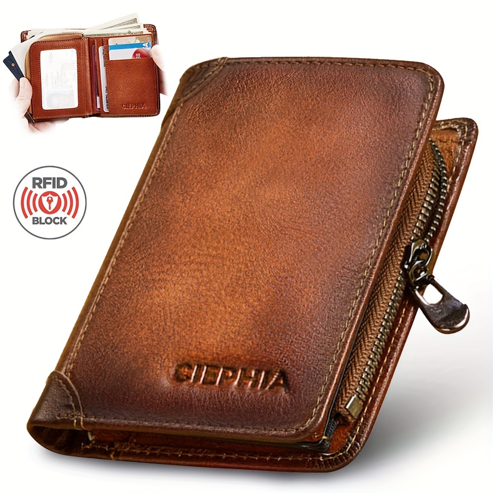 

1pc Men's Vintage Short Genuine Leather Wallet Multi Function Purse Rfid Blocking Zipper Id Credit Card Holder Money Bag