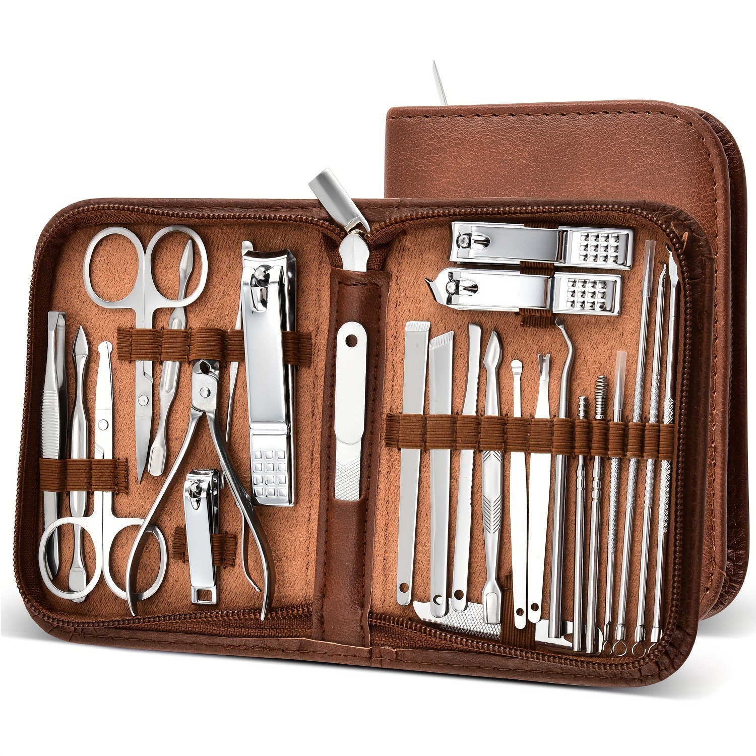 

Kit de manucure en acier inoxydable 26 pièces avec étui de voyage luxueux, design classique, comprend des coupe-ongles et des outils de soin pour un soin professionnel des ongles.