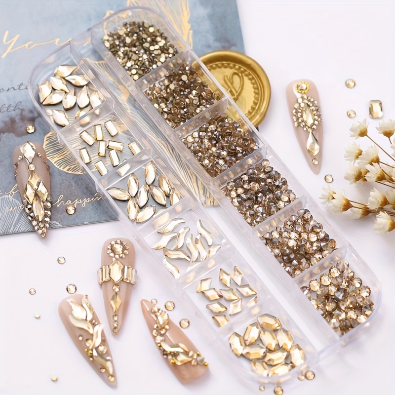 TEMU Large Capacity 12-compartment Nail Art Rhinestones, 1070pcs Champagne Color Mixed Sizes Irregular Nail Drills, Small Round Rhinestones, Mini