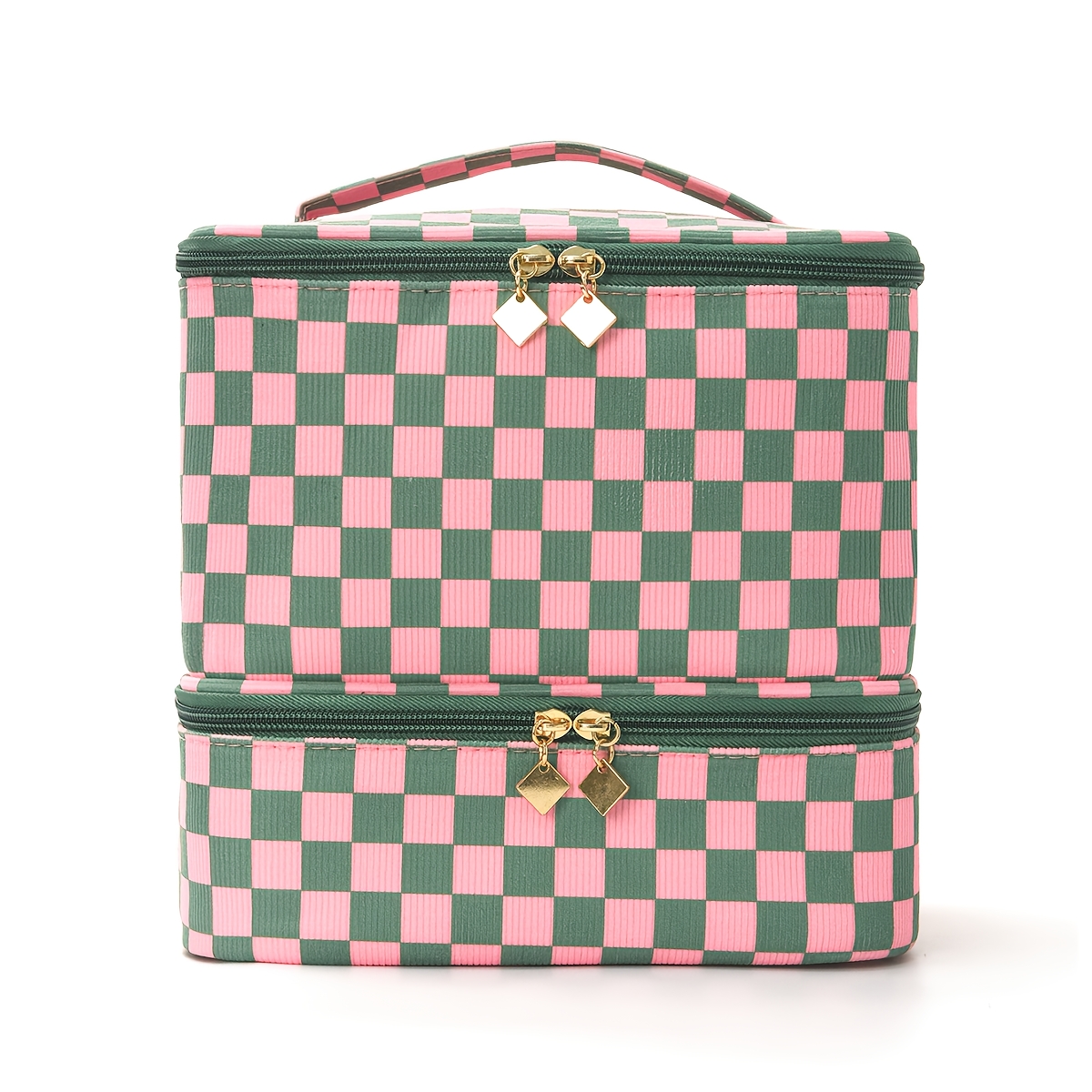 TEMU 1pc Checkerboard Double-layer Large Capacity Portable Cosmetic Storage Case, (the Lower Layer Can Hold 30 Nail Polish Bottles) Is Suitable For