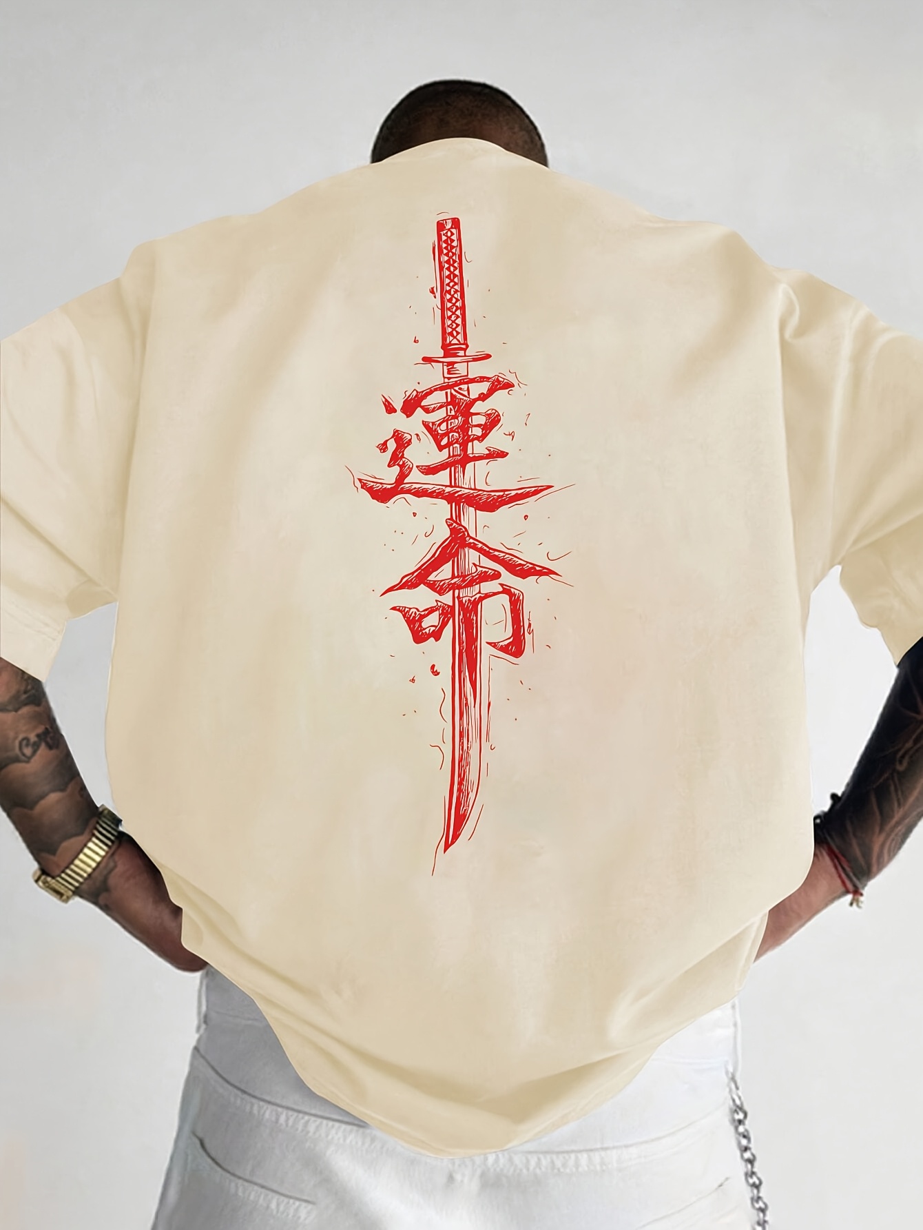 Men'S Japanese Samurai Sword Graphic T-Shirt - Casual Loose Fit Crew Neck, Short Sleeve Tee with Red Stylized Japanese Katanas Design, Breathable Polyester for Spring & Summer Outdoor Wear
