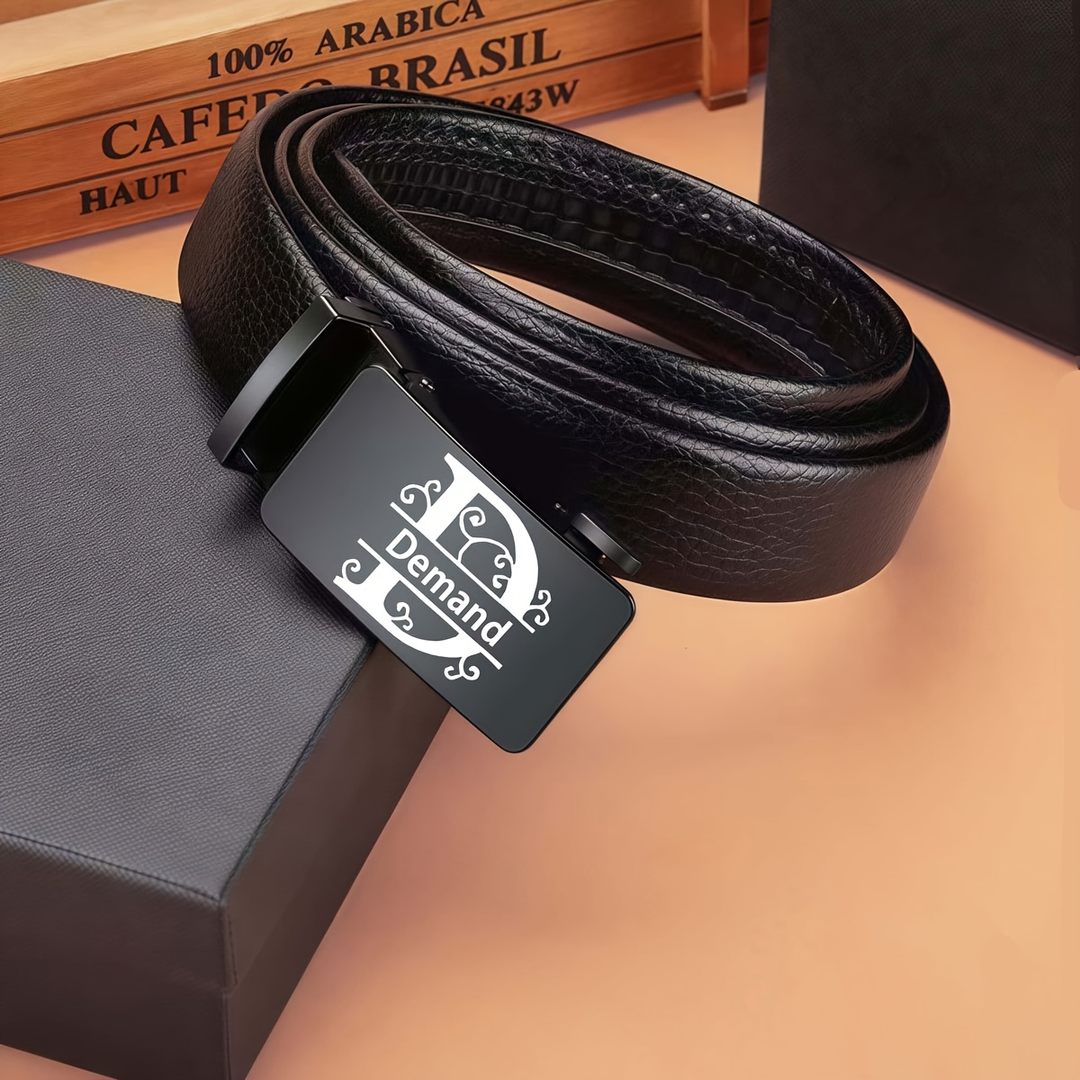 TEMU Gift Box Custom Engraved Men's Belt With Automatic - Personalized Present For Boyfriend, Dad, Valentine's Day, Halloween, Birthday - Black