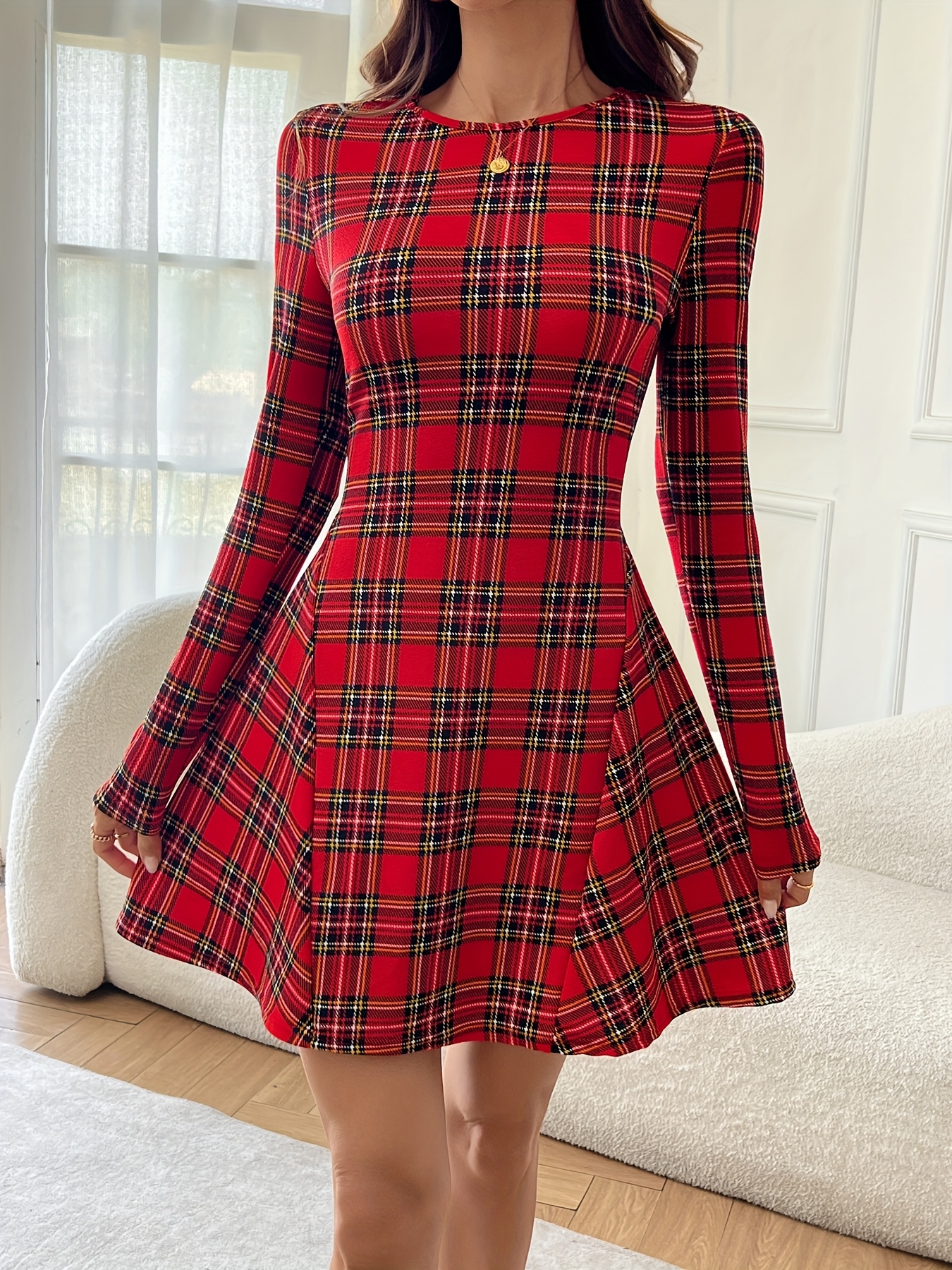 womens red black long sleeve mini dress a line flared - Temu Kuwait