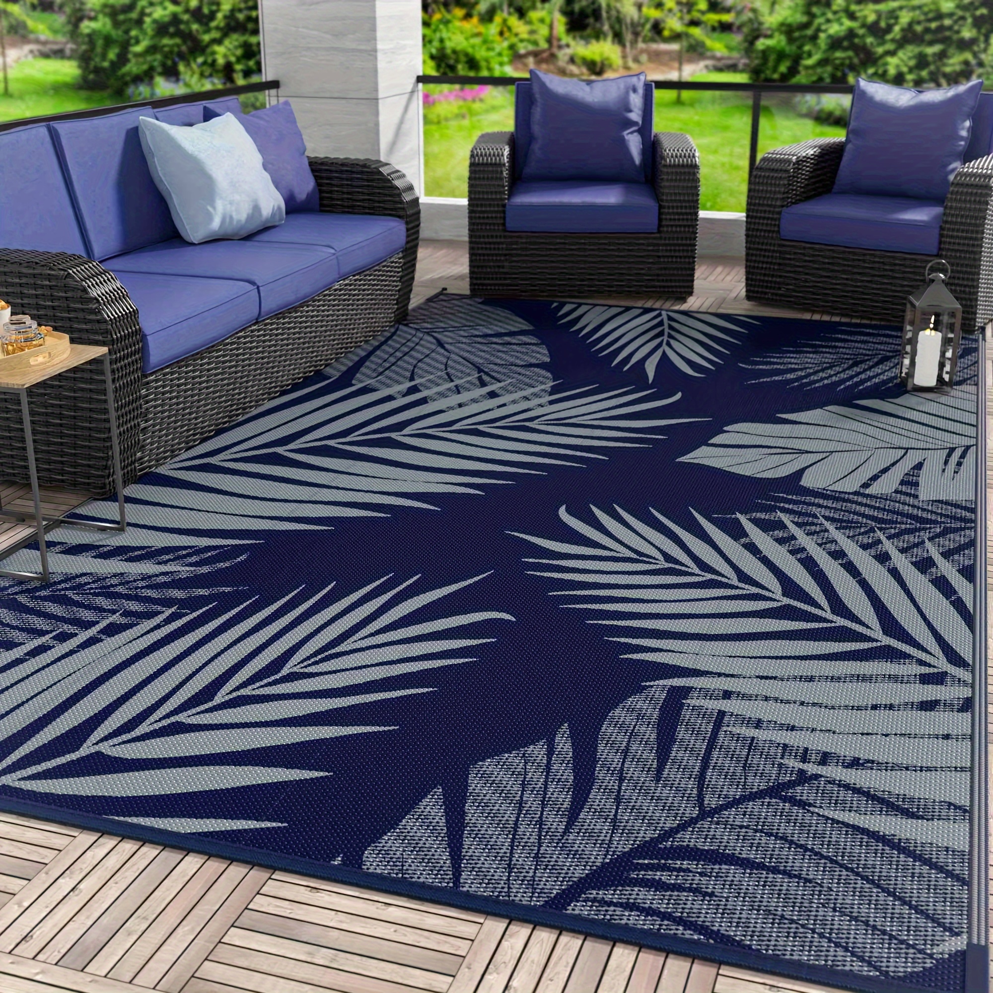 

Outdoor Rug Waterproof For Patios Clearance, Reversible Outdoor Plastic Straw Camping Rug Carpet, Large Area Rugs Mats For Rv, Camper, Deck, Balcony, Porch, Beach, Navy Blue&grey