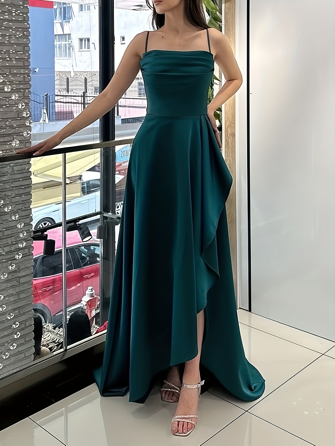 slim fit dress slacks Spaghetti Straps Dark Green Long Wedding Guest Dress with Split main image 0