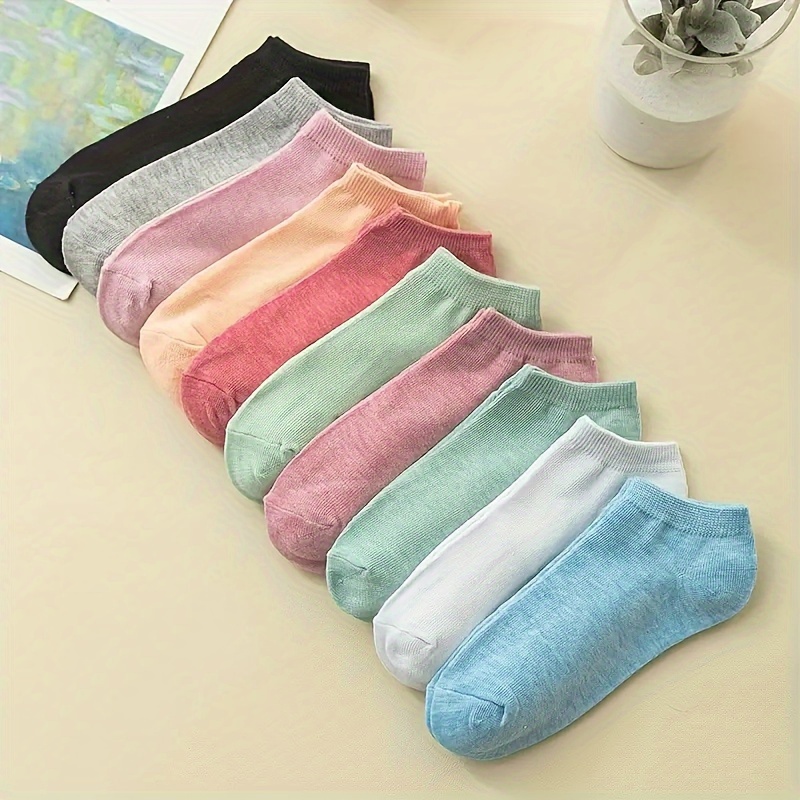 

10 Pairs Solid Color Ankle Socks, Comfy & Breathable Short Socks, Women's Stockings & Hosiery