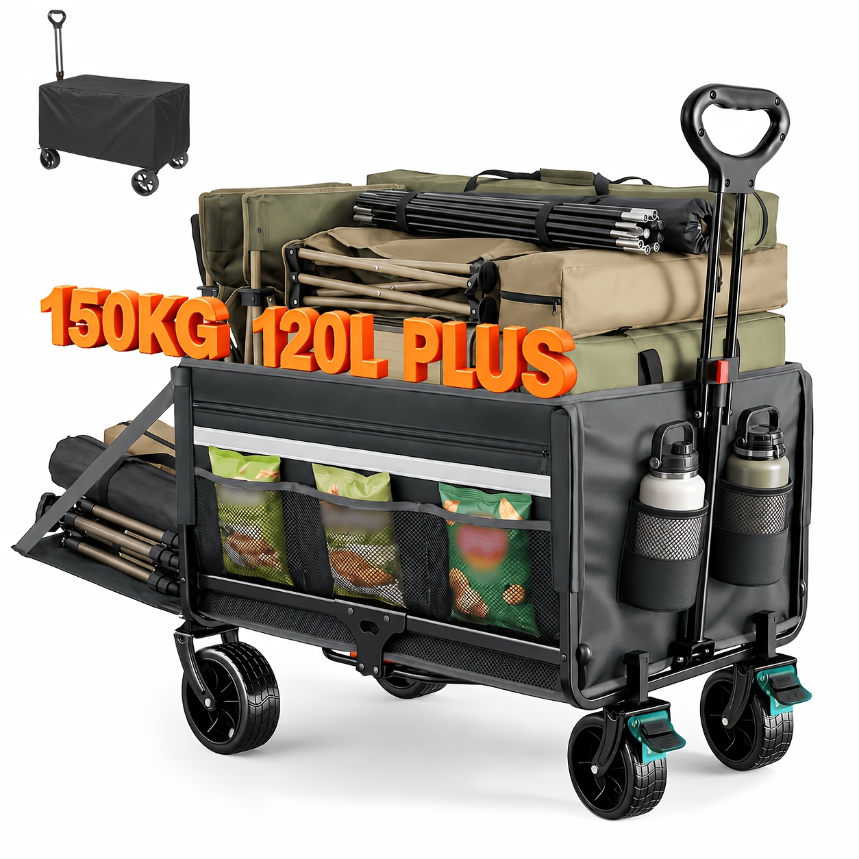 Handcart Foldable 120l 150kg Beach Trolley With Cover, Brakes, Reflective Strips, Foldable Handcart For Dogs, Shopping, Camping, Beach, Transport, Sport, Outdoor