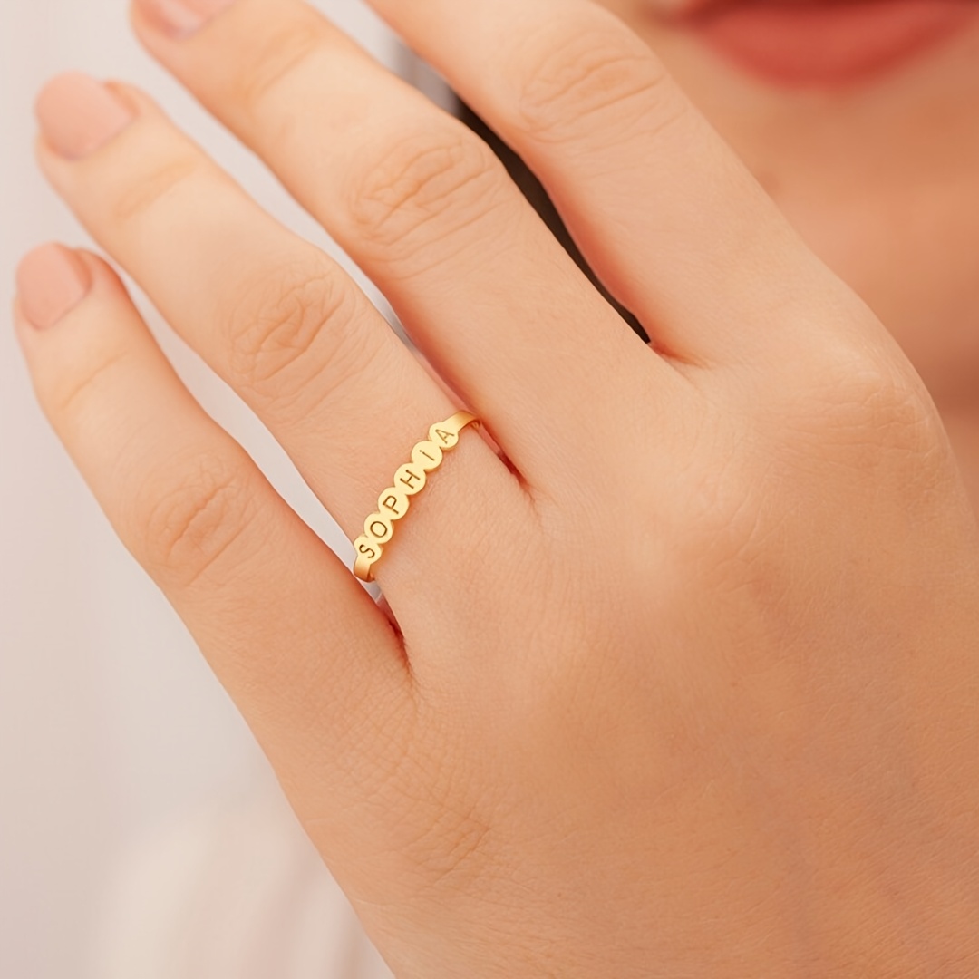 TEMU Custom Round Hollow Letter Ring, Personalized Minimalist Fashion Name Ring, Stainless Steel Nameplate Adjustable , Daily Wear Jewelry, Women's