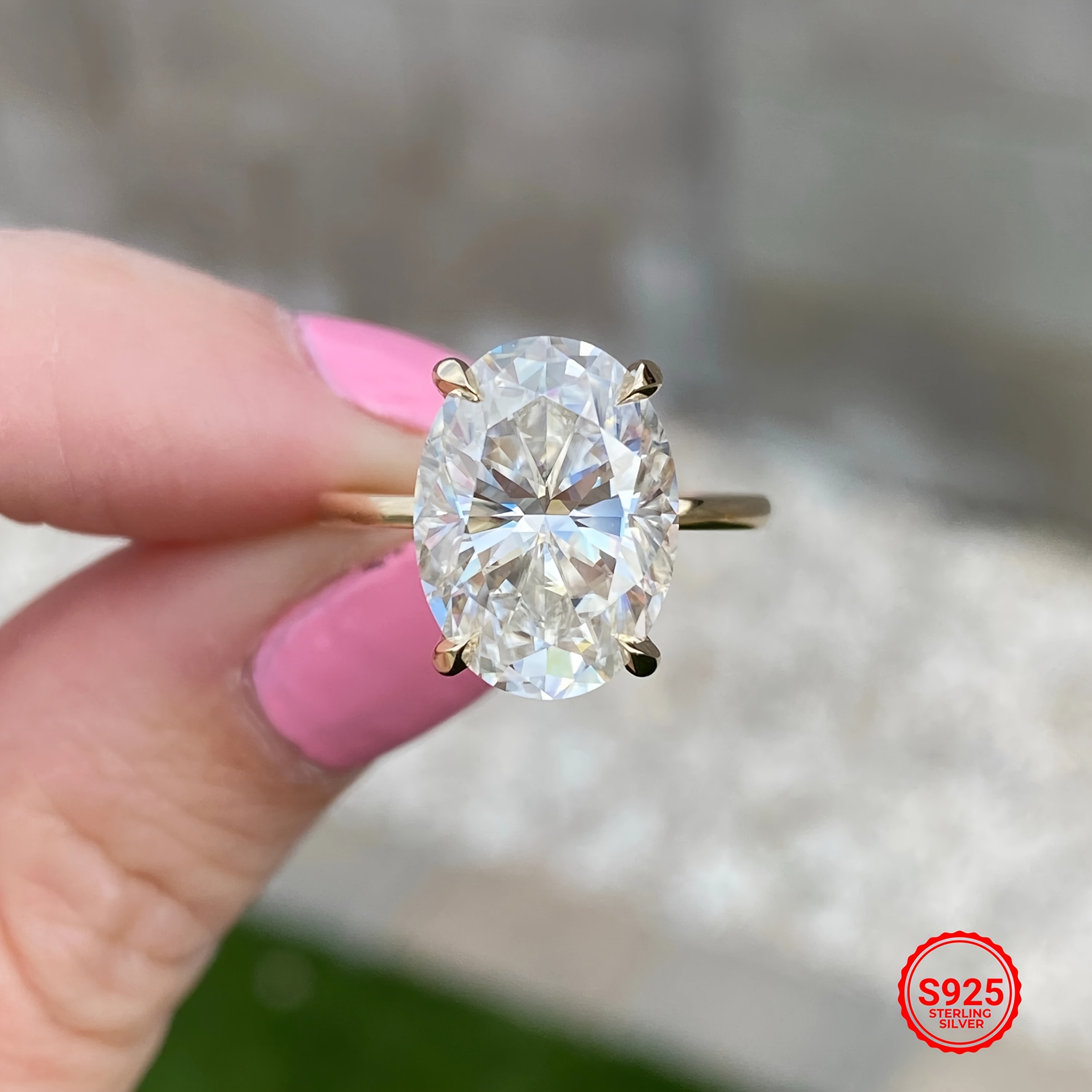 Golden S925 Silver Ring with Oval Claw Setting