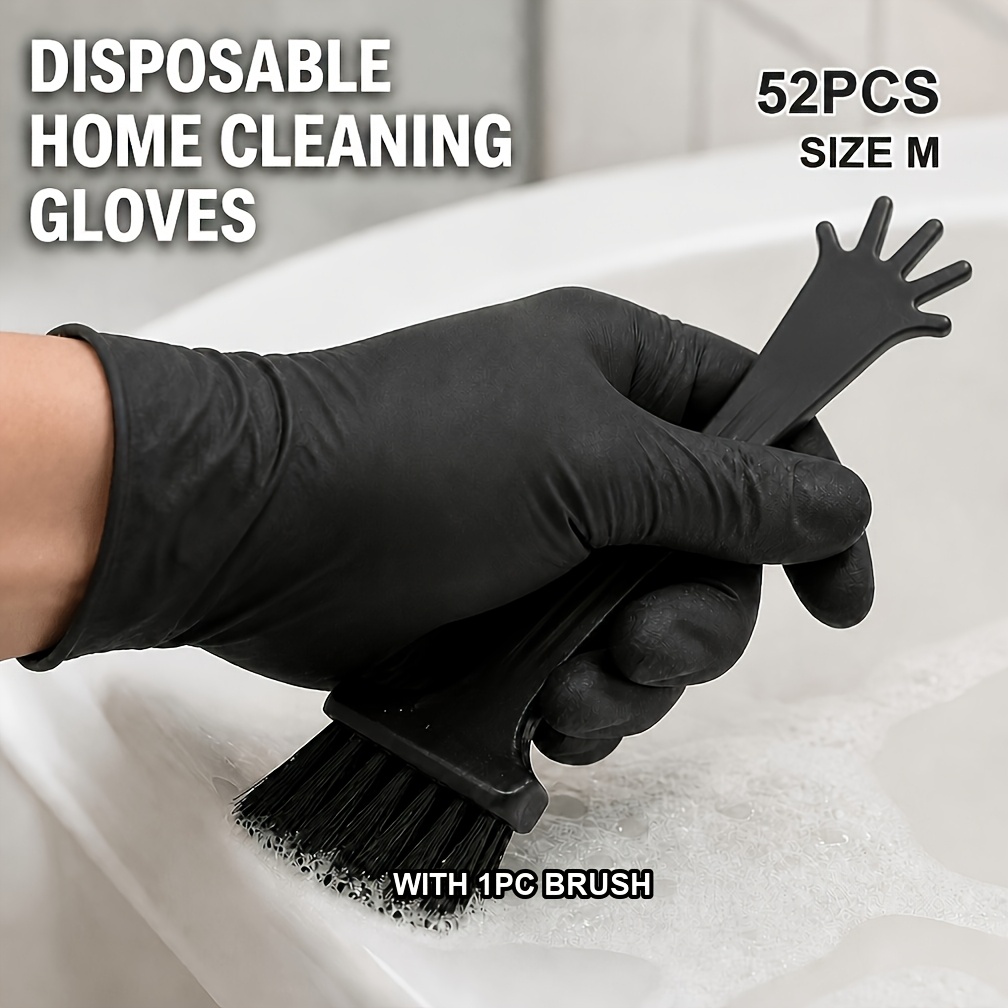 TEMU Wonder Beige 52pcs Black Nitrile Household Cleaning Gloves With 1pc Mini Brush, 9 Inch Stretchable Flexible Multipurpose Elastic Cleaning Gloves