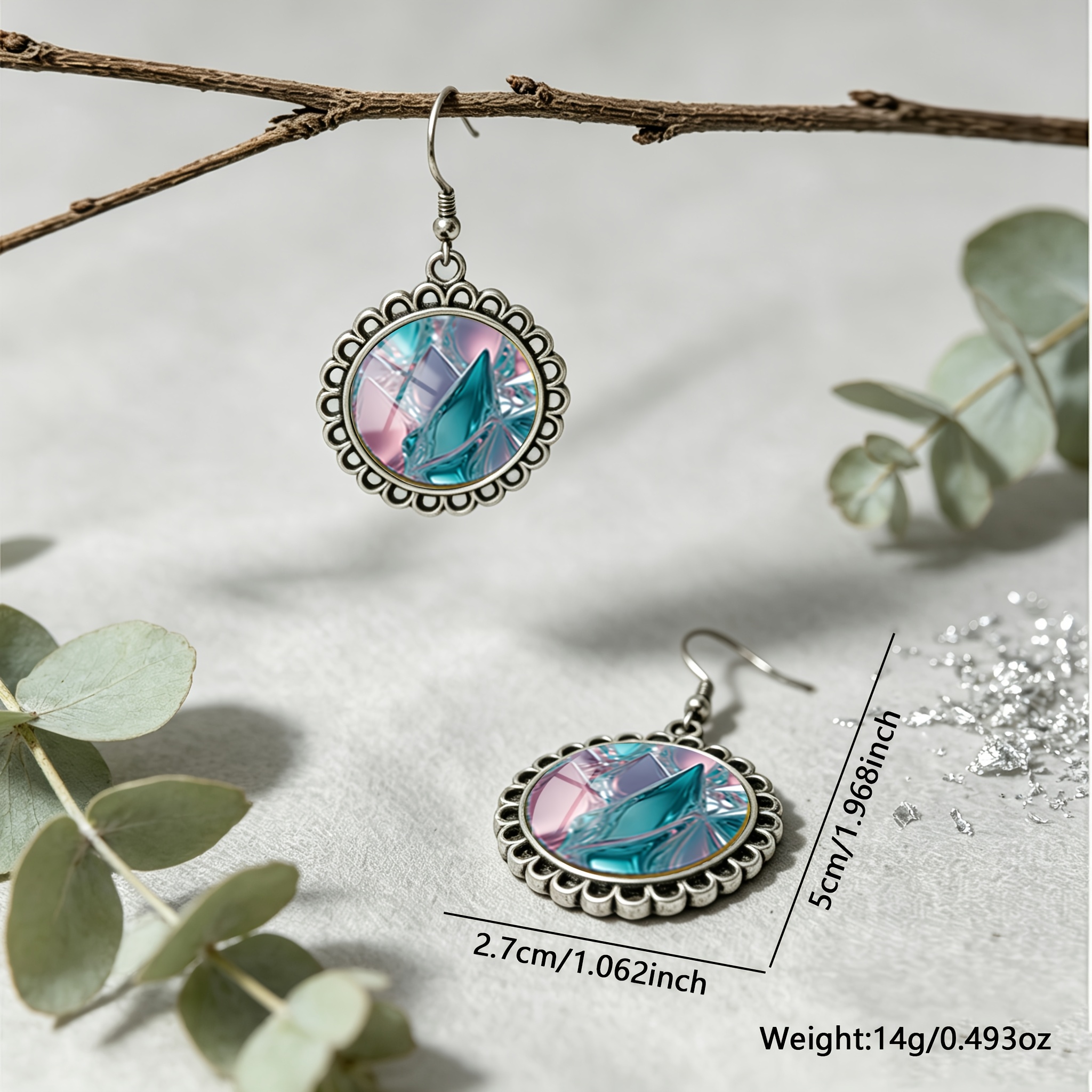 Gradient Blue-Pink Glass Texture Round Earrings, Unisex