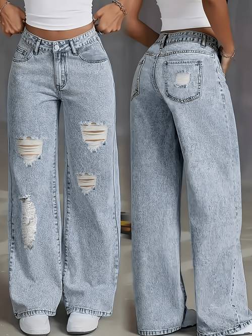 elastic straight leg wide leg loose jeans with rips streetwear