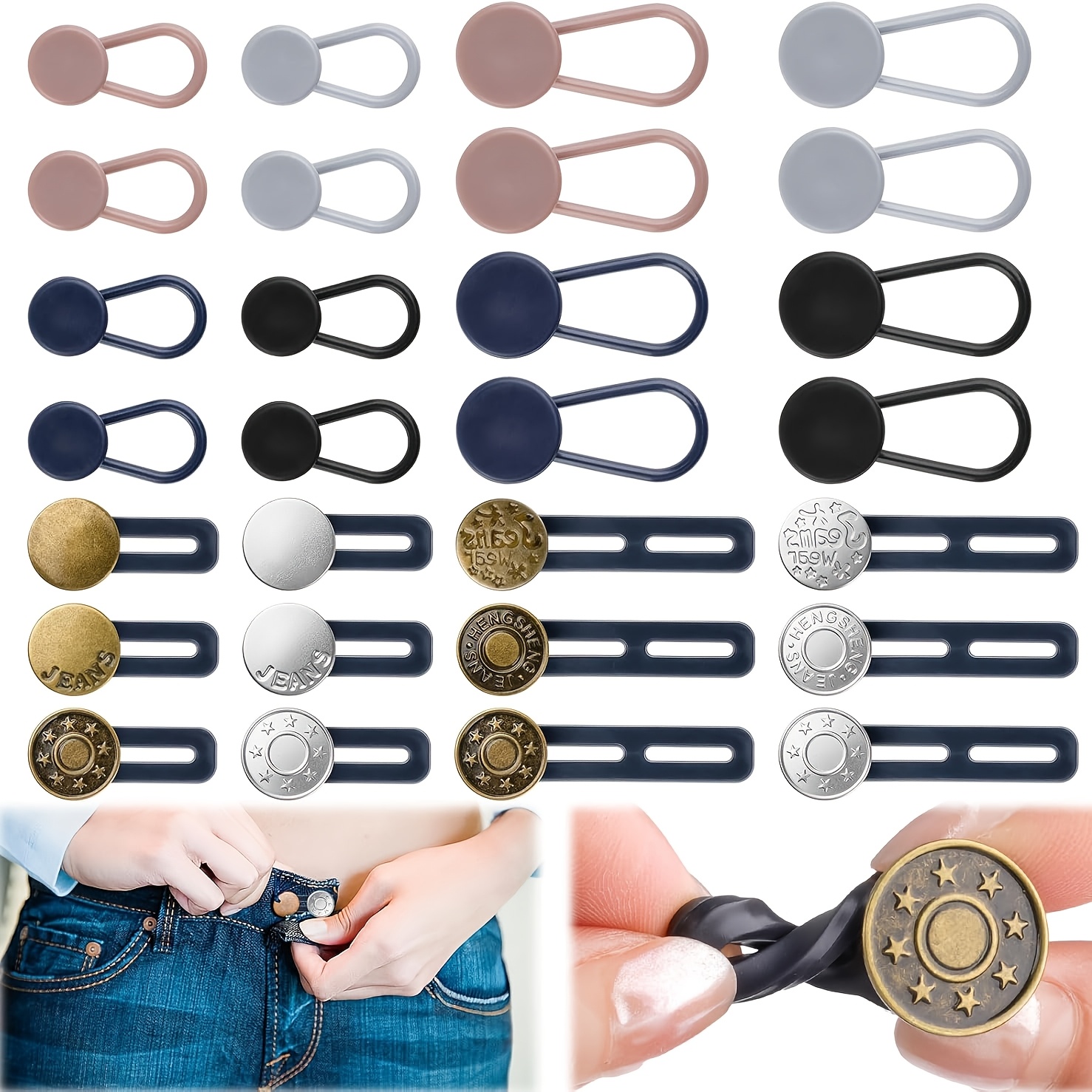 E-shop 28-teiliges Pack (28 Stk.) Nähfreie Jeans-Knopf- & Bundverlängerungen für Herren & Damen, verstellbare Gürtelverlängerungsriemen mit