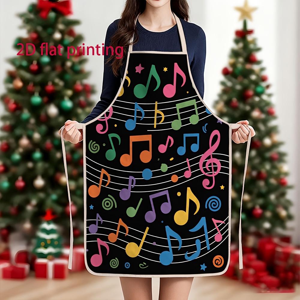 TEMU 2d Unisex Flat Apron With Dynamic Musical Note Print Pattern, Suitable For Home Cleaning, Christmas, Cooking, Baking, And Dishwashing. Ideal For