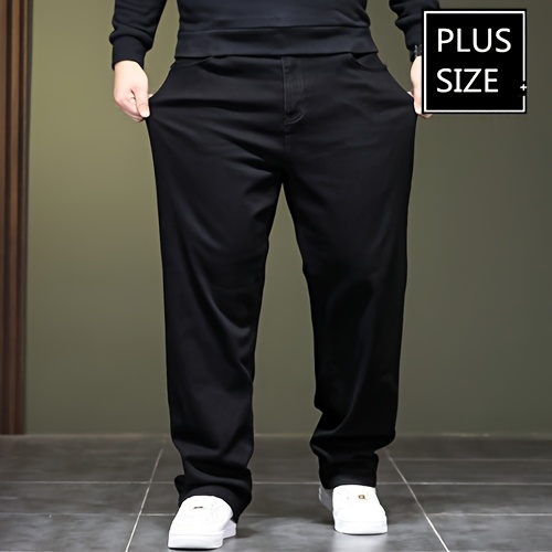 Plus Size Men's Solid Barrel Denim Pants For Spring Fall, Casual Trendy Jeans For Males