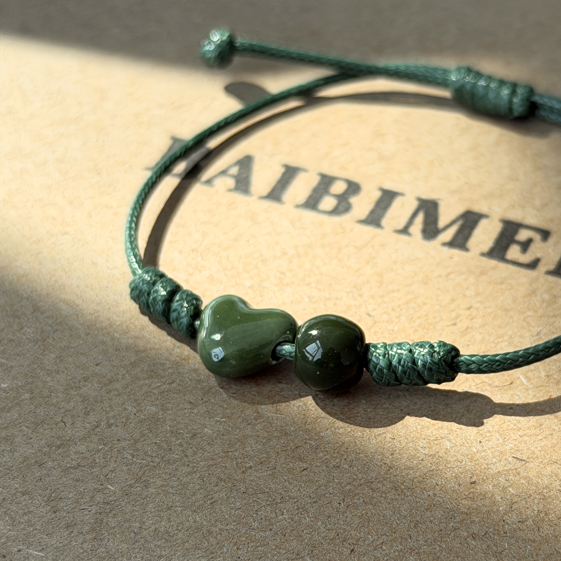 Women's Handmade Ceramic Green Heart Bracelet, Adjustable Length