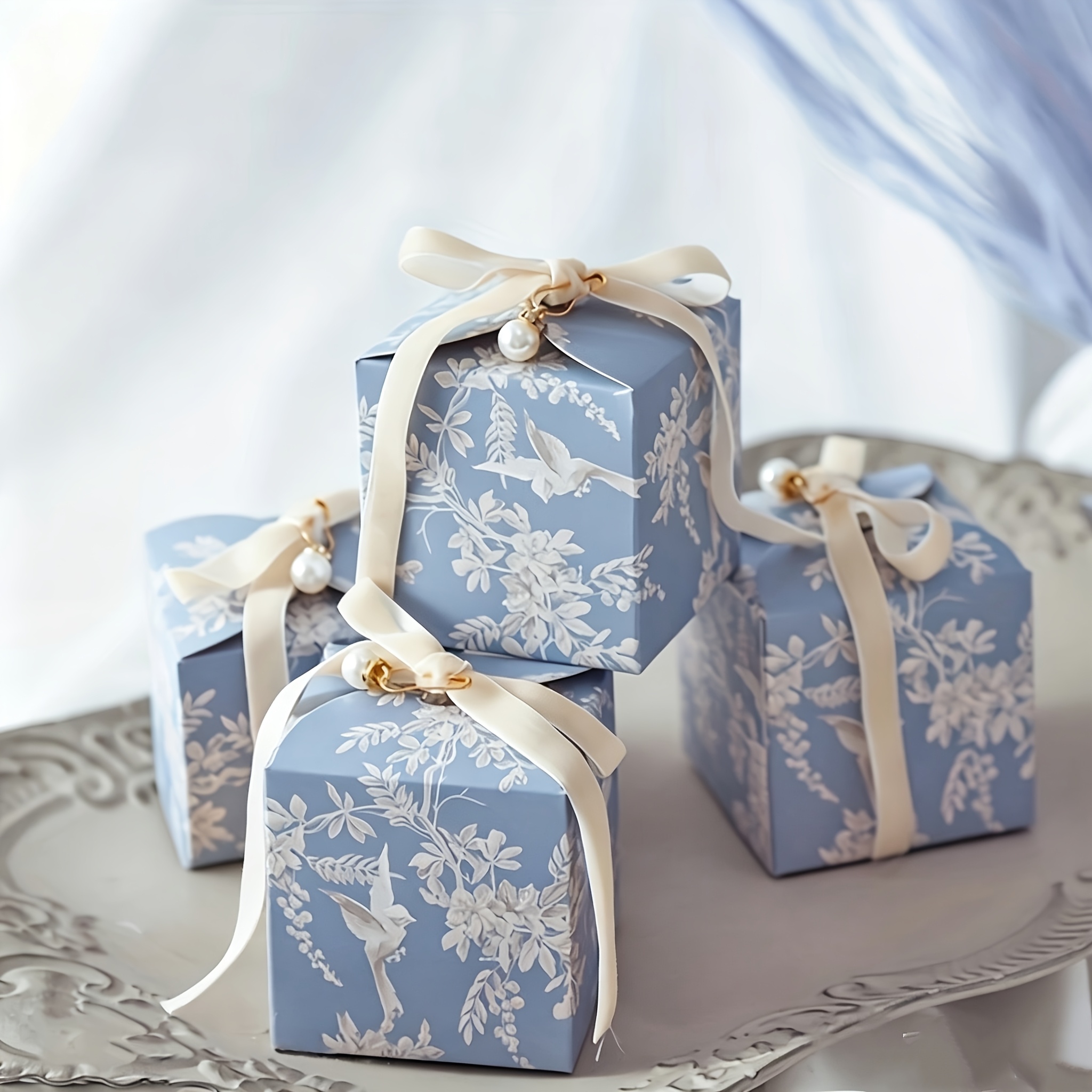 TEMU Regalo para Ella/Él - 20 piezas de elegantes cajas de recuerdo de boda florales con cinta de terciopelo y detalles de perlas - Diseño verde,
