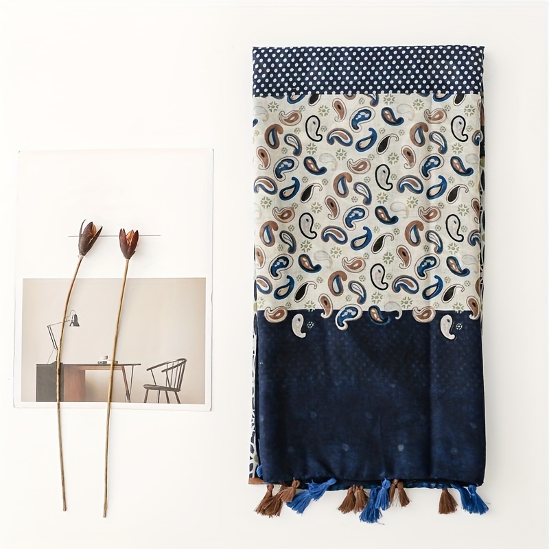 Autumn and Winter Women's Warm Breathable Light and Fresh Comfortable Scarf, Vintage Patchwork Cashew Nut Color Block Print Fringe Scarf, Aesthetic Shawl Chiffon Scarf