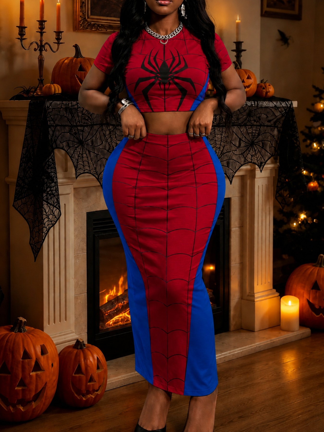   inspired all   dress with halloween   womens casual vacation outfit solid color short top and highwaisted skirt twopiece set